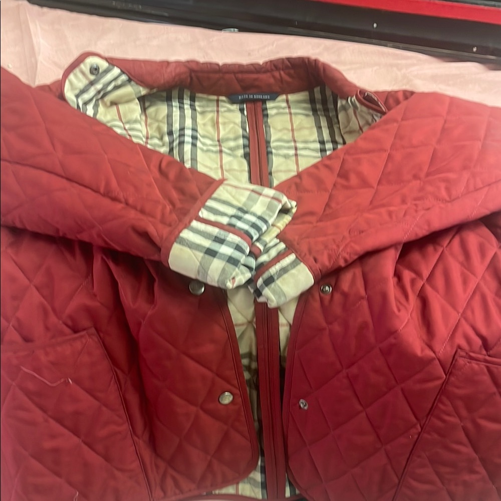 Red Quilted Jacket with Plaid Lining